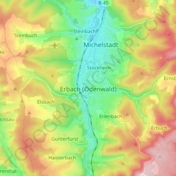 Erbach (Odenwald)の地形図、標高、地勢