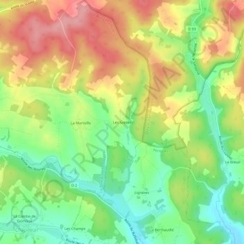 Les Grezesの地形図、標高、地勢