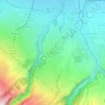La Bretagneの地形図、標高、地勢
