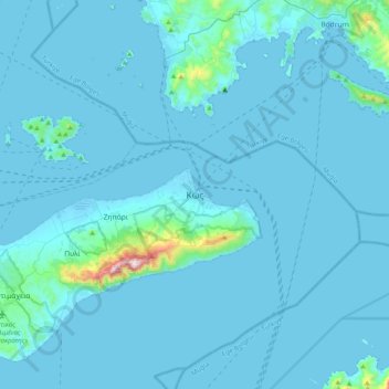 Kosの地形図、標高、地勢