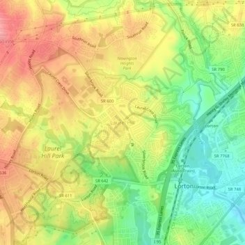 Laurel Hillの地形図、標高、地勢