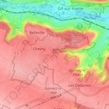 Les Prés Mouchardsの地形図、標高、地勢