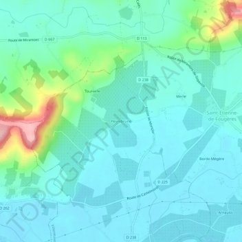 Peyrebruneの地形図、標高、地勢