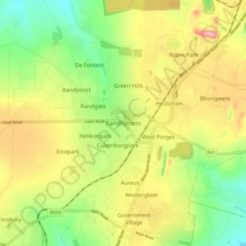 Randfonteinの地形図、標高、地勢