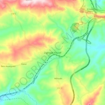 Zighoud Youcefの地形図、標高、地勢