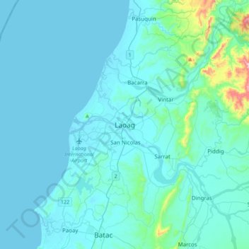 Laoagの地形図、標高、地勢