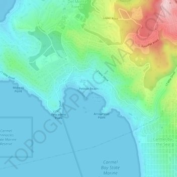 Pebble Beachの地形図、標高、地勢