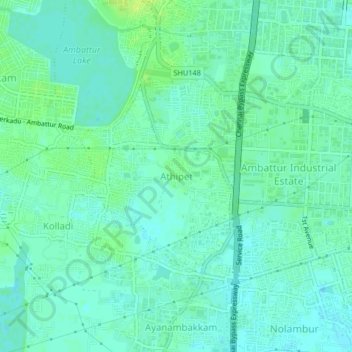 Athipetの地形図、標高、地勢