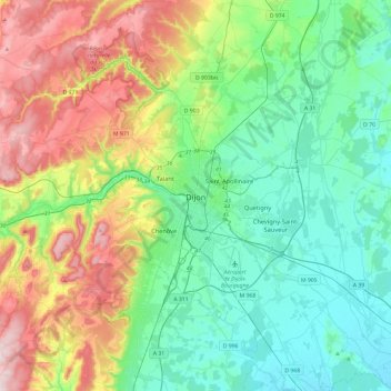 Dijonの地形図、標高、地勢