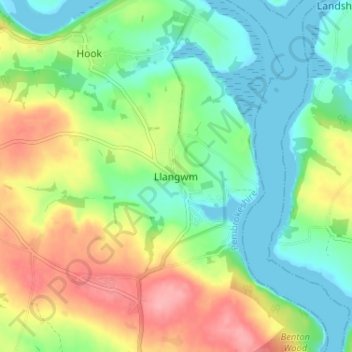 Llangwmの地形図、標高、地勢