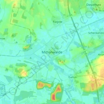 Mittenwaldeの地形図、標高、地勢