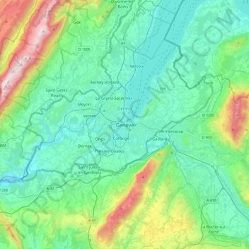Genevaの地形図、標高、地勢