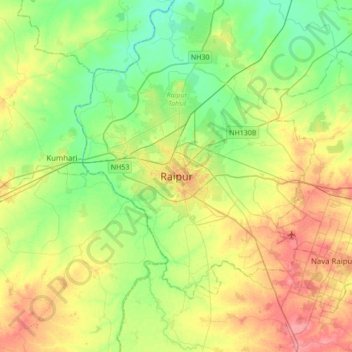 Raipurの地形図、標高、地勢