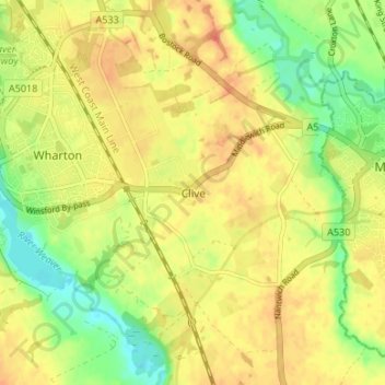 Cliveの地形図、標高、地勢