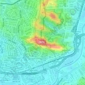 Bukit Gasingの地形図、標高、地勢