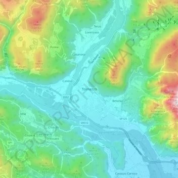 Tolmezzoの地形図、標高、地勢