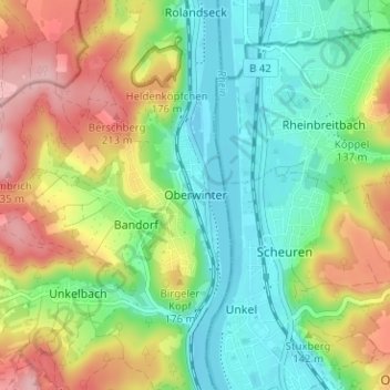 Oberwinterの地形図、標高、地勢