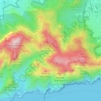 Les Trois Archesの地形図、標高、地勢