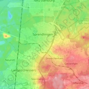 Dreieichの地形図、標高、地勢