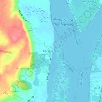 Ribeira de Cimaの地形図、標高、地勢
