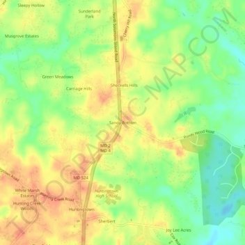 Sandy Bottomの地形図、標高、地勢