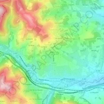 Vindryの地形図、標高、地勢