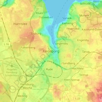 Flensburgの地形図、標高、地勢