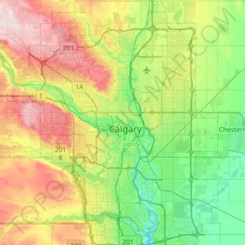 Calgaryの地形図、標高、地勢