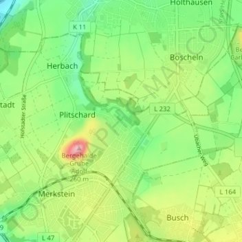 Floesの地形図、標高、地勢