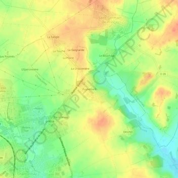 Puybelliardの地形図、標高、地勢