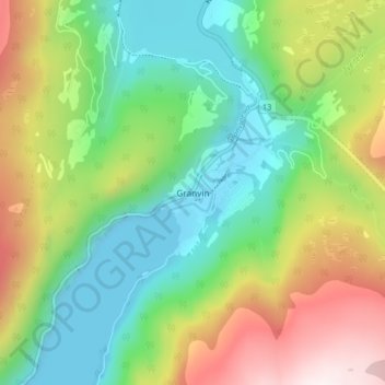 Granvinの地形図、標高、地勢