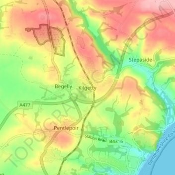 Kilgettyの地形図、標高、地勢