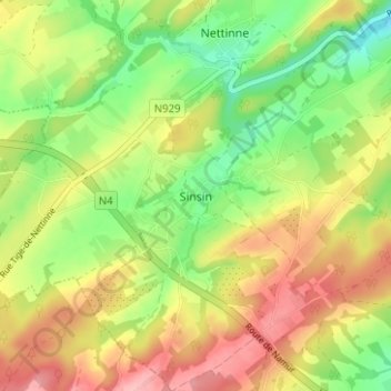Sinsinの地形図、標高、地勢