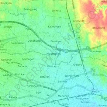 Ngemplakの地形図、標高、地勢