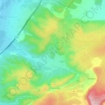 Pech Cabanelの地形図、標高、地勢