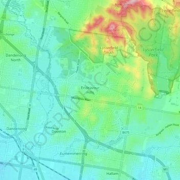 Endeavour Hillsの地形図、標高、地勢