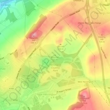 Burn Hillの地形図、標高、地勢