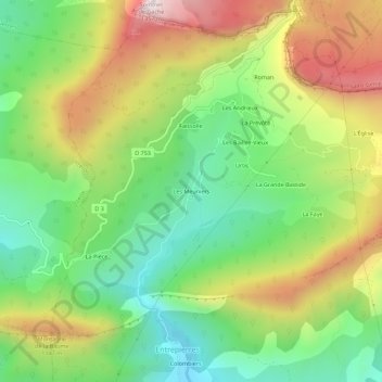 Les Meuniersの地形図、標高、地勢
