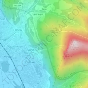 Lac Bleuの地形図、標高、地勢