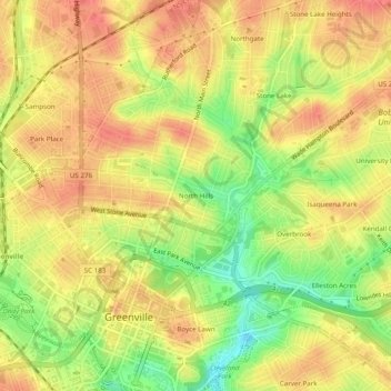 North Hillsの地形図、標高、地勢