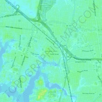 Suburban Acresの地形図、標高、地勢