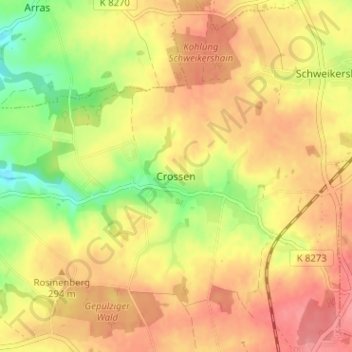 Crossenの地形図、標高、地勢