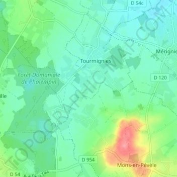 Wattinesの地形図、標高、地勢