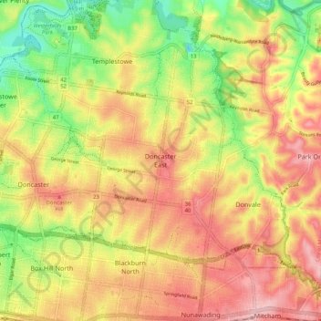 Doncaster Eastの地形図、標高、地勢