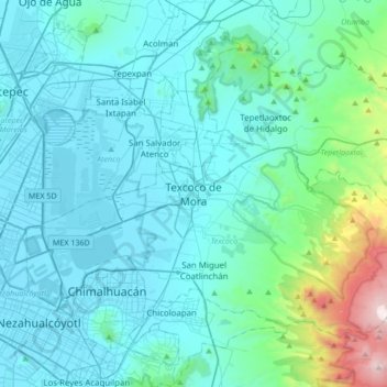 Texcoco de Moraの地形図、標高、地勢