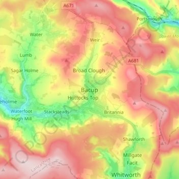 Bacupの地形図、標高、地勢