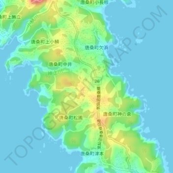 唐桑半島の地形図、標高、地勢