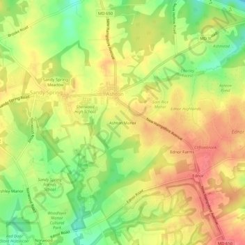 Ashton Manorの地形図、標高、地勢