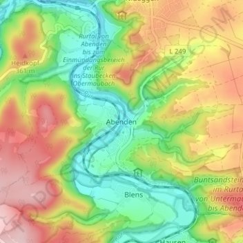 Abendenの地形図、標高、地勢