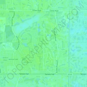 Plantationの地形図、標高、地勢